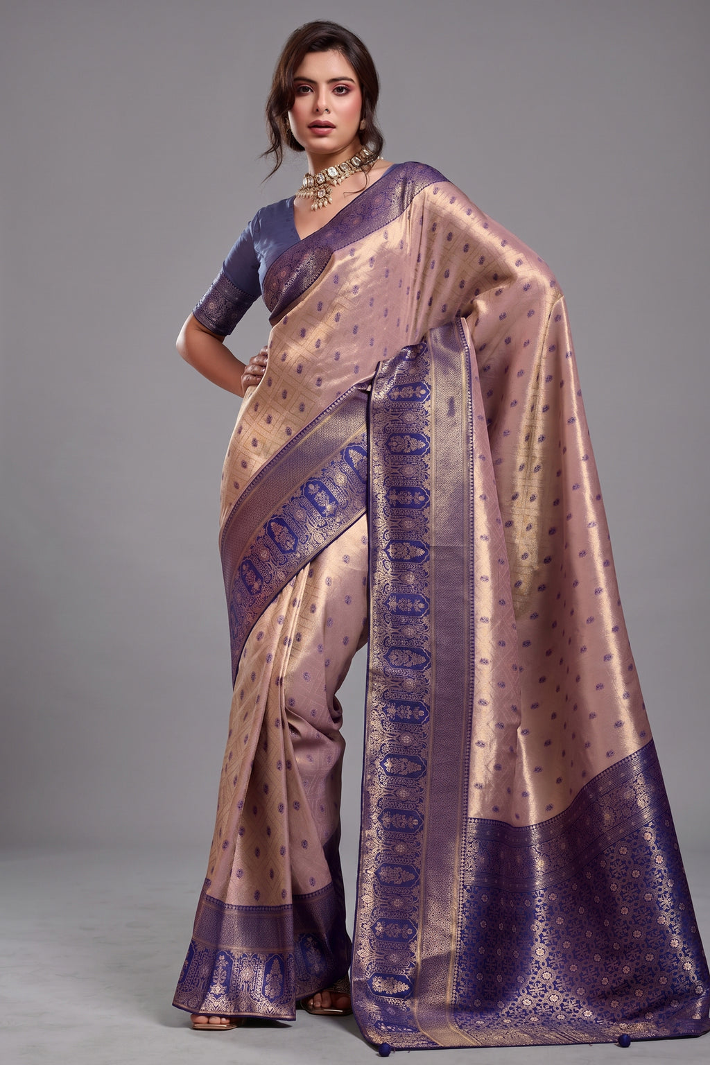 Champagne Rose Gold Art Silk Saree with Violet Border Pattu Border