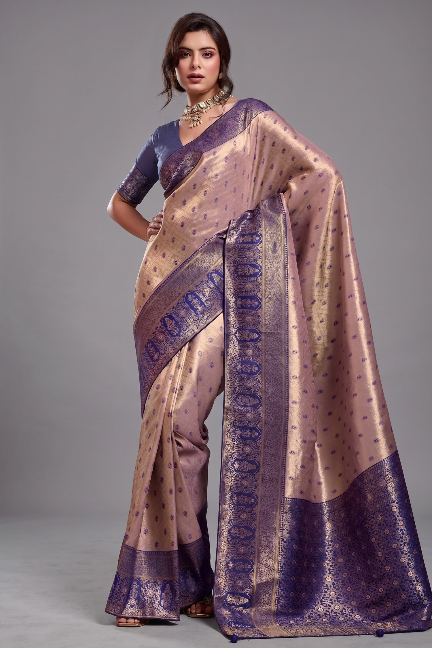 Champagne Rose Gold Art Silk Saree with Violet Border Pattu Border