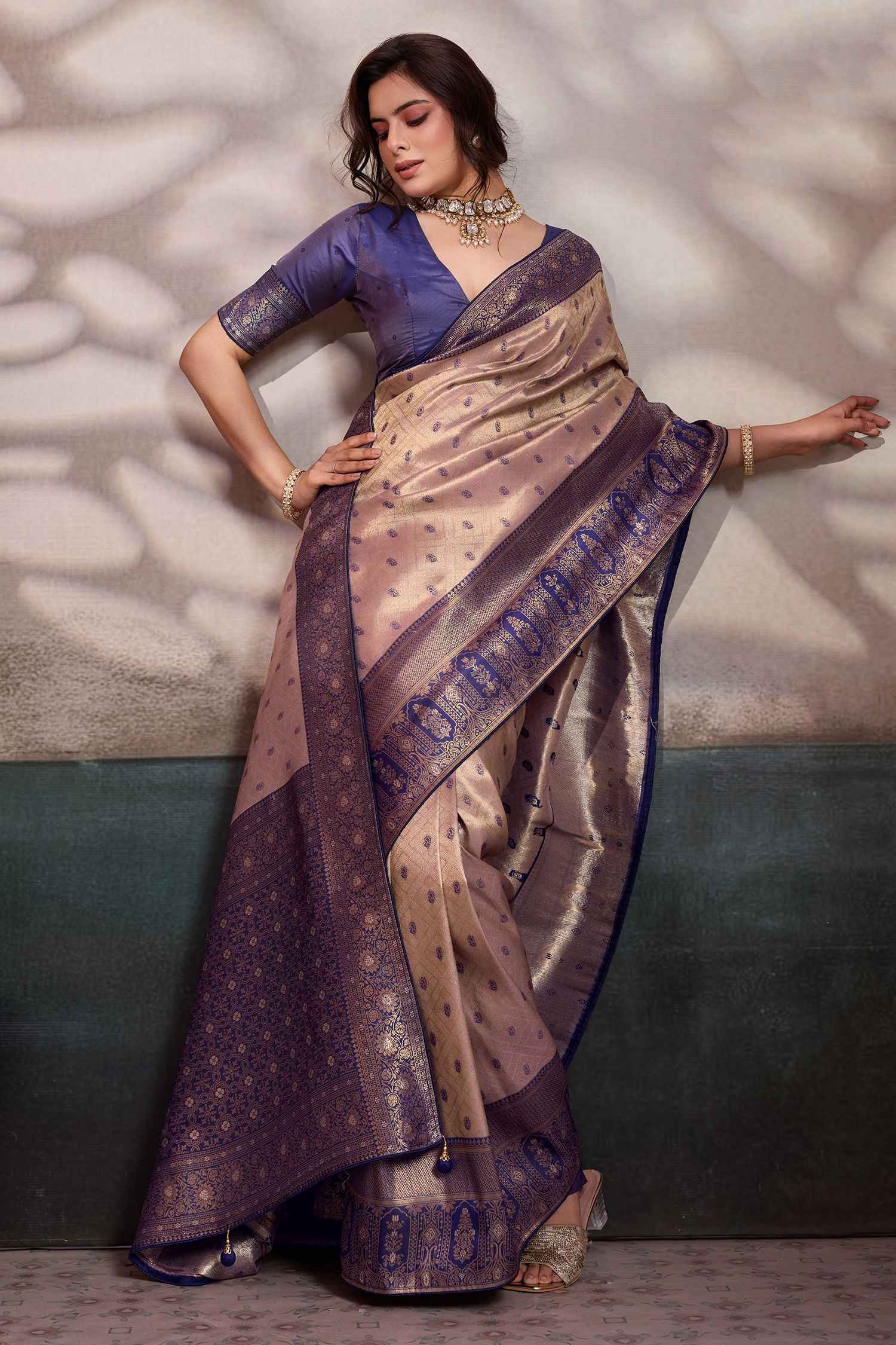 Champagne Rose Gold Art Silk Saree with Violet Border Pattu Border