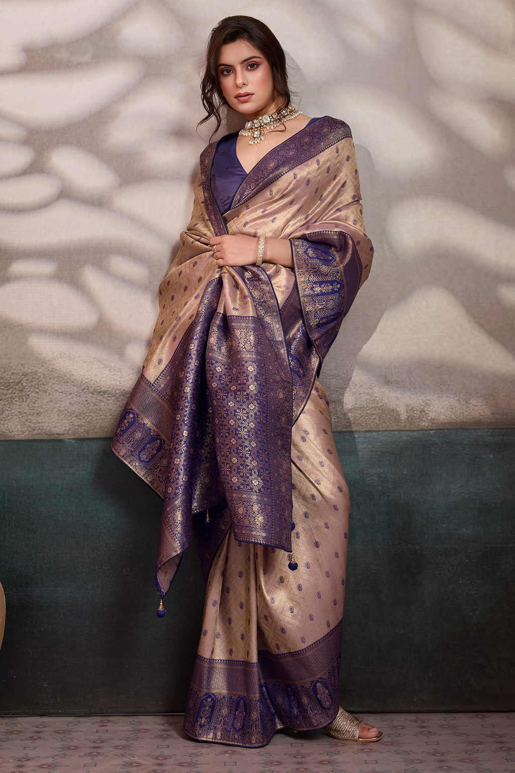 Champagne Rose Gold Art Silk Saree with Violet Border Pattu Border