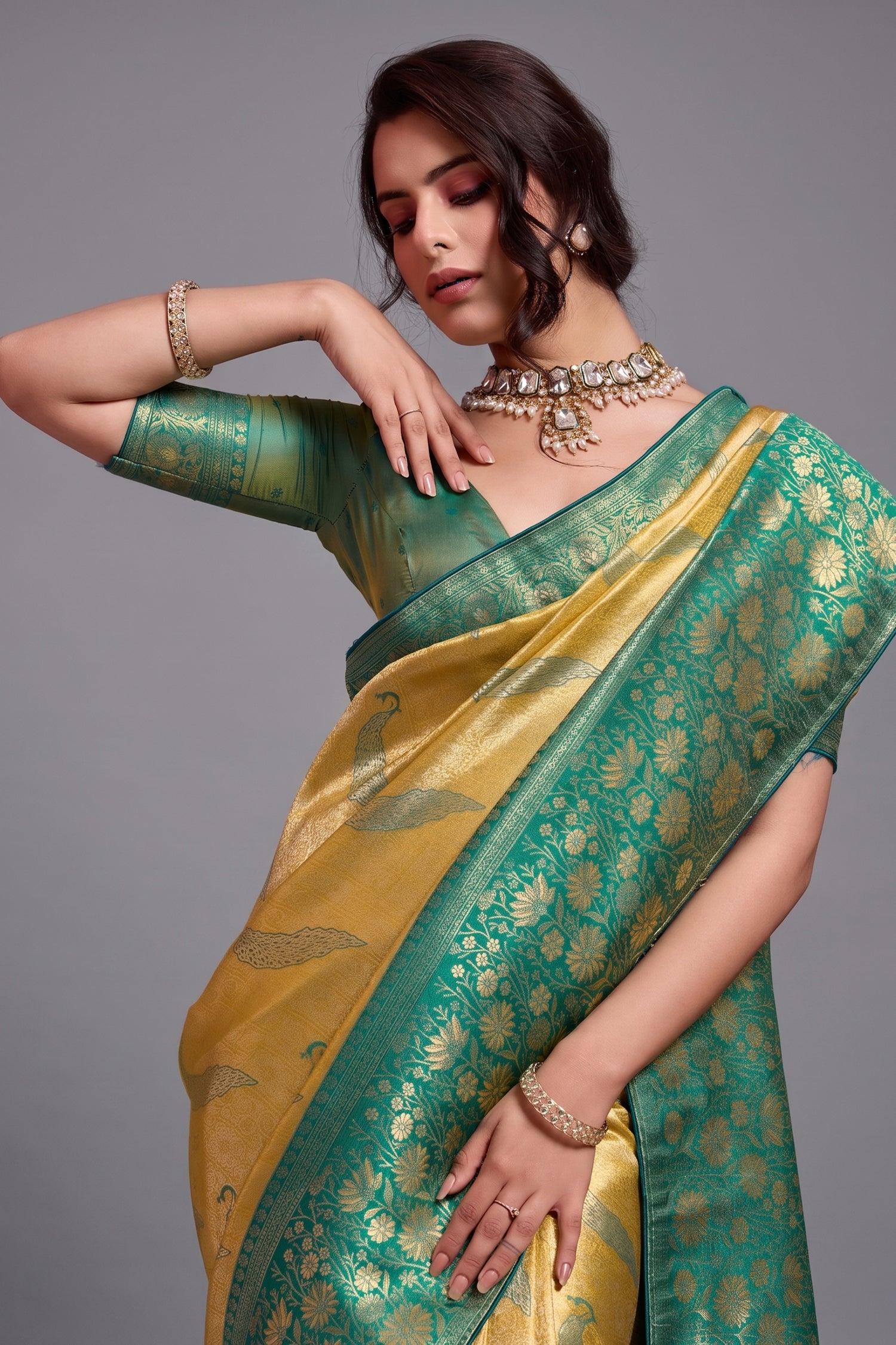 Mustard Gold Art Silk Saree with Teal Brocade Pattu And Woven Booties