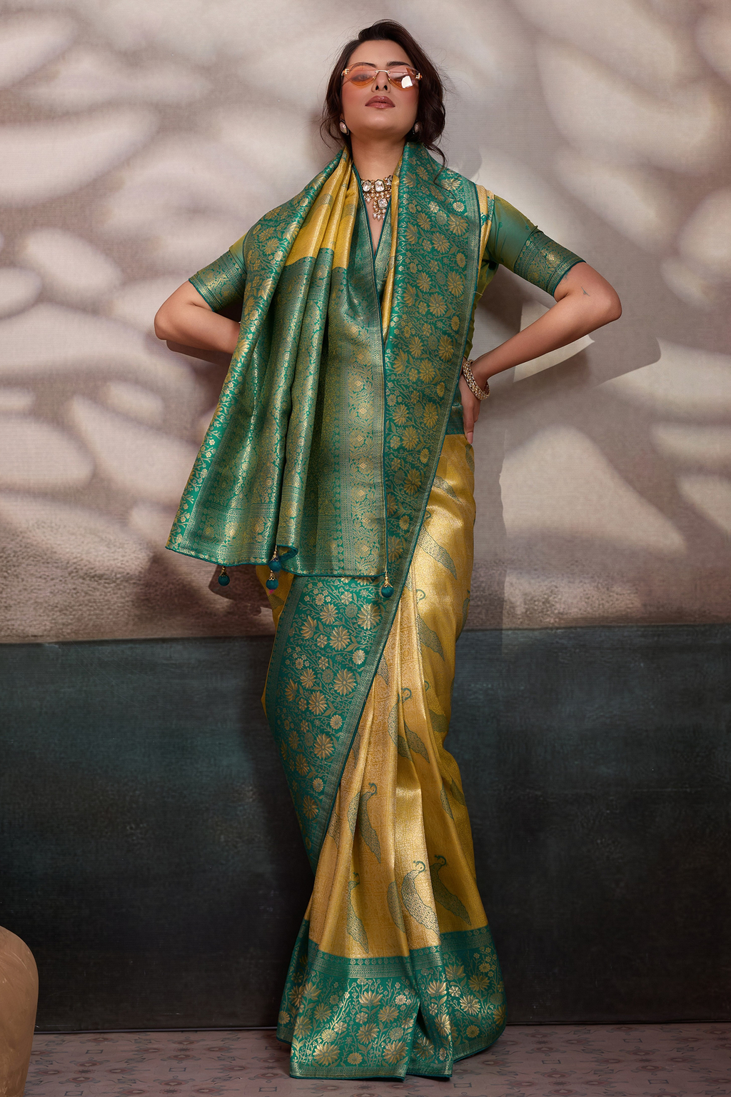 Mustard Gold Art Silk Saree with Teal Brocade Pattu And Woven Booties