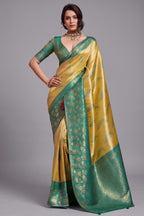 Mustard Gold Art Silk Saree with Teal Brocade Pattu And Woven Booties