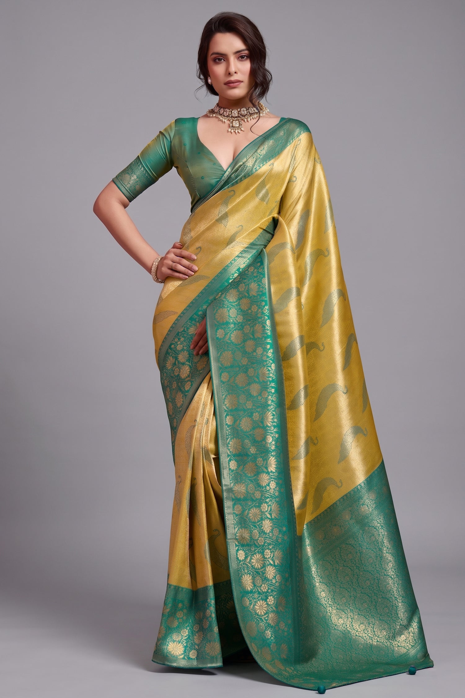 Mustard Gold Art Silk Saree with Teal Brocade Pattu And Woven Booties