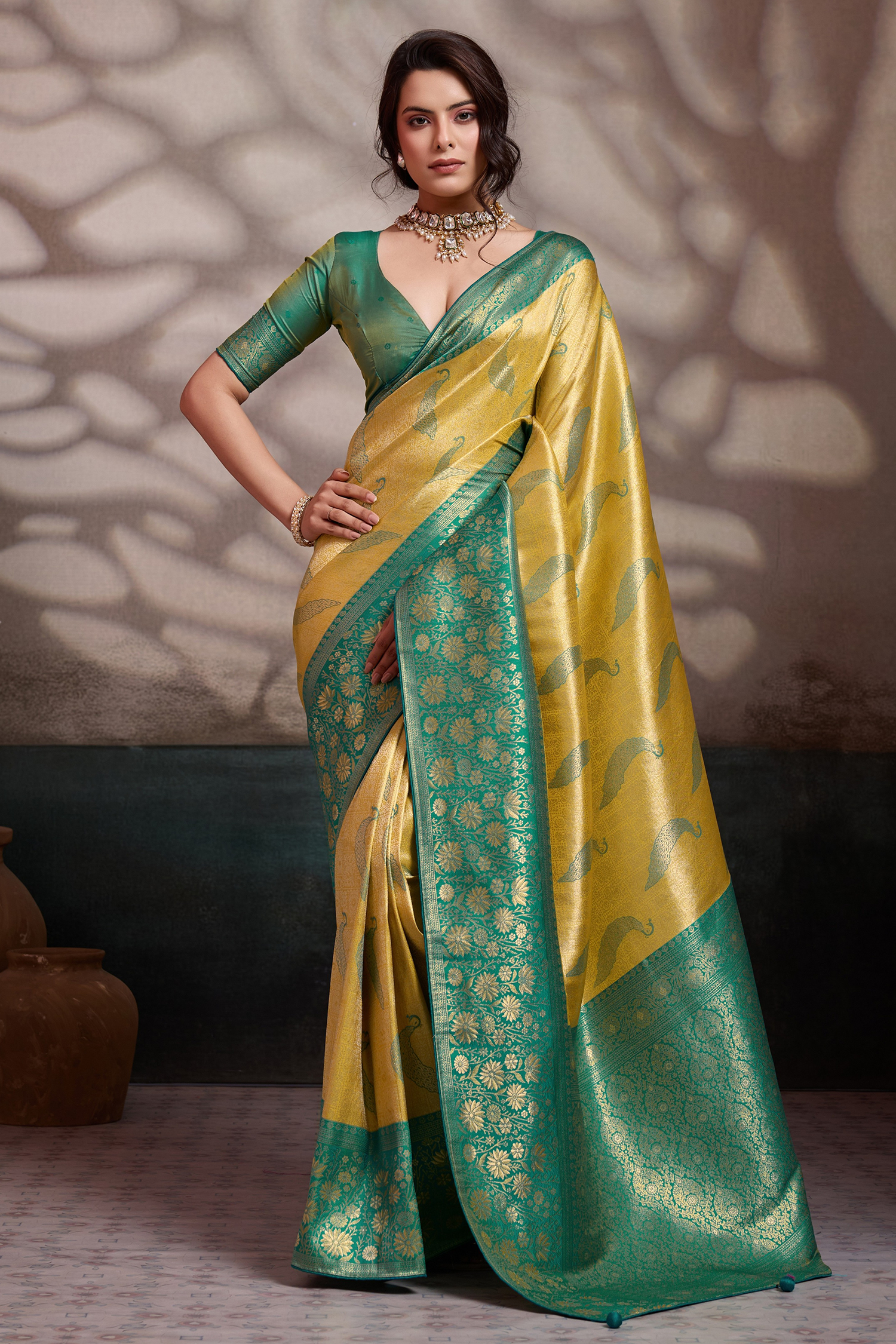 Mustard Gold Art Silk Saree with Teal Brocade Pattu And Woven Booties