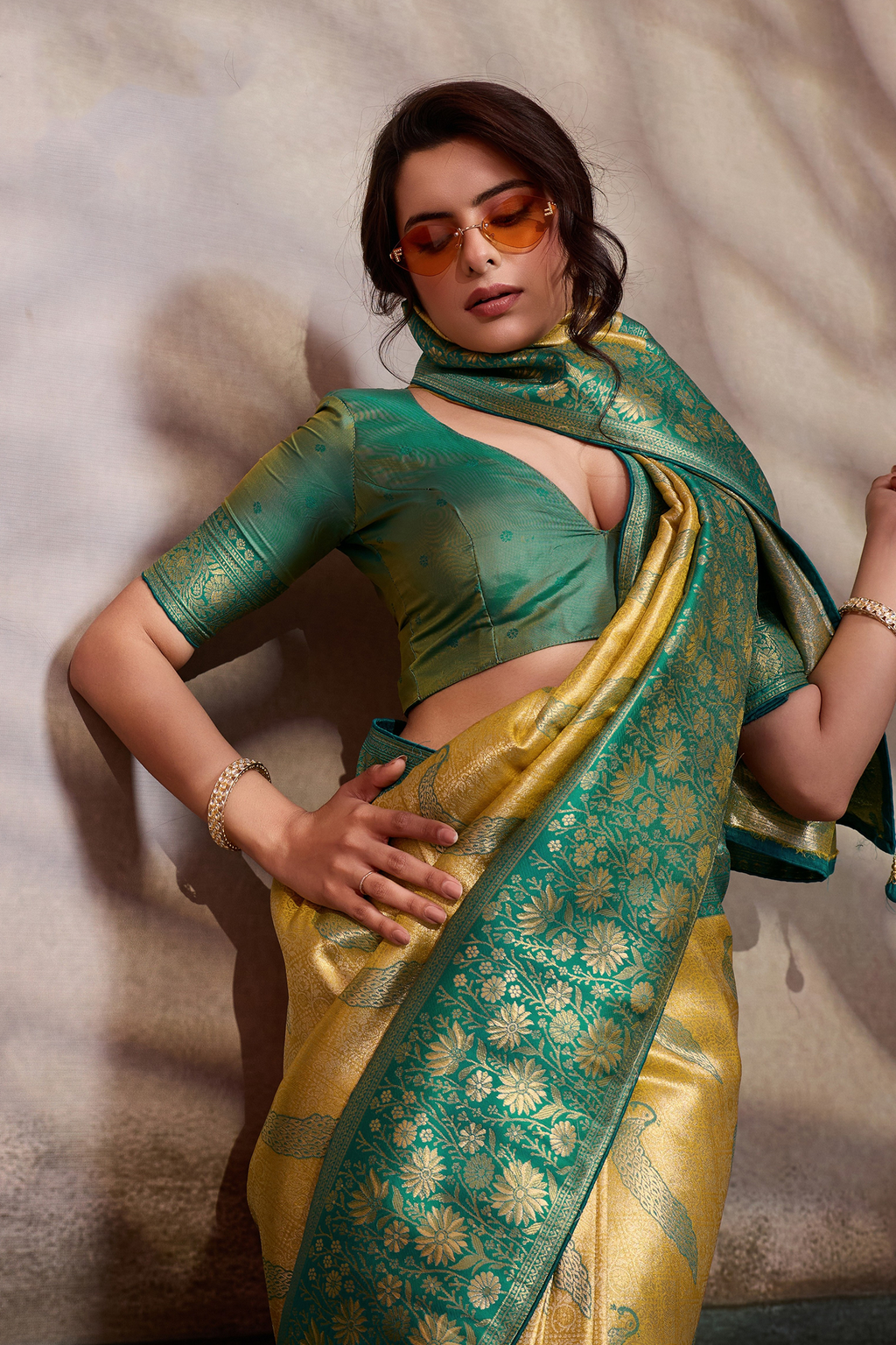 Mustard Gold Art Silk Saree with Teal Brocade Pattu And Woven Booties