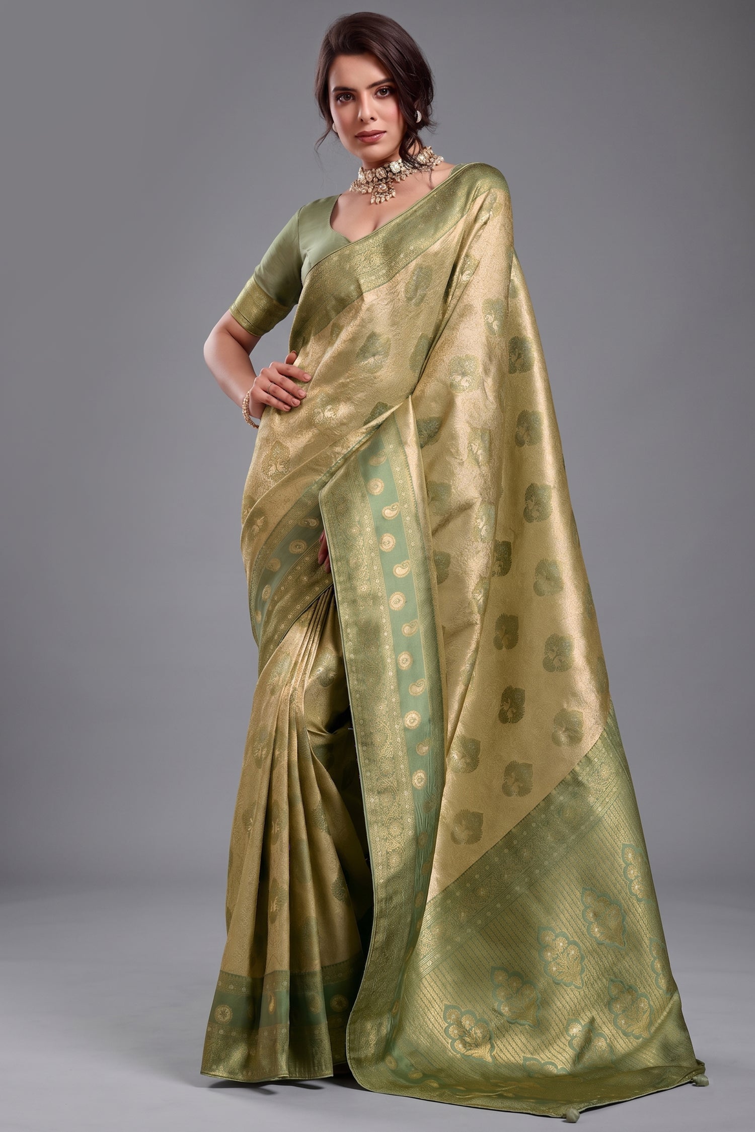 Monochromatic Sage Olive Green Art Silk Saree Gold Zari Lattice And Floral Meenakari Motifs