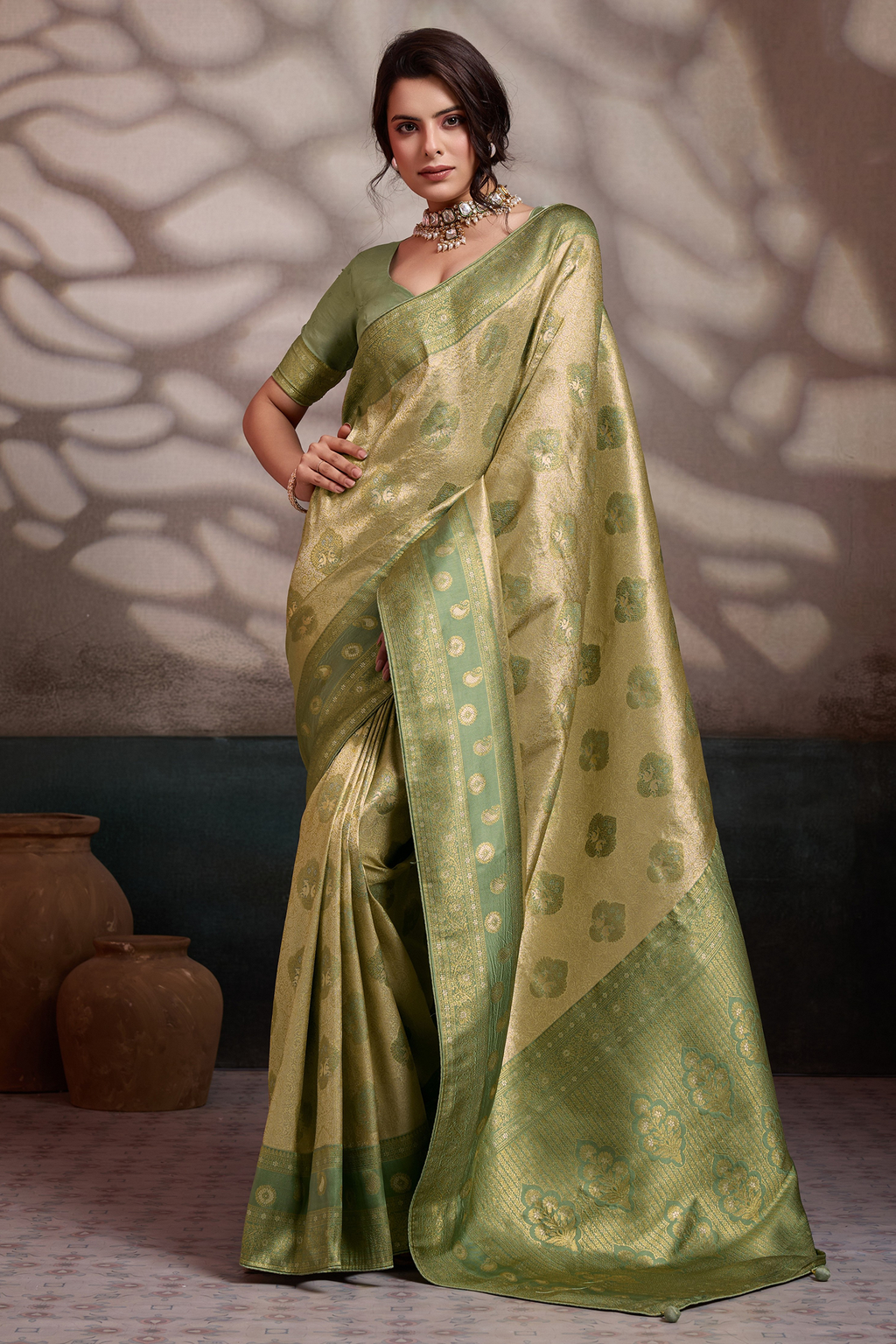 Monochromatic Sage Olive Green Art Silk Saree Gold Zari Lattice And Floral Meenakari Motifs