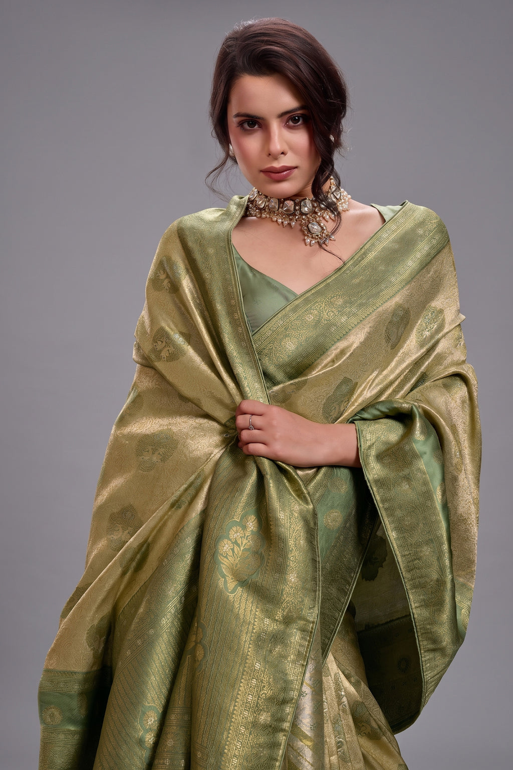 Monochromatic Sage Olive Green Art Silk Saree Gold Zari Lattice And Floral Meenakari Motifs