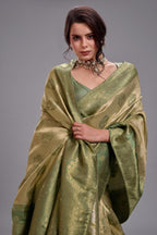 Monochromatic Sage Olive Green Art Silk Saree Gold Zari Lattice And Floral Meenakari Motifs