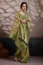 Monochromatic Sage Olive Green Art Silk Saree Gold Zari Lattice And Floral Meenakari Motifs