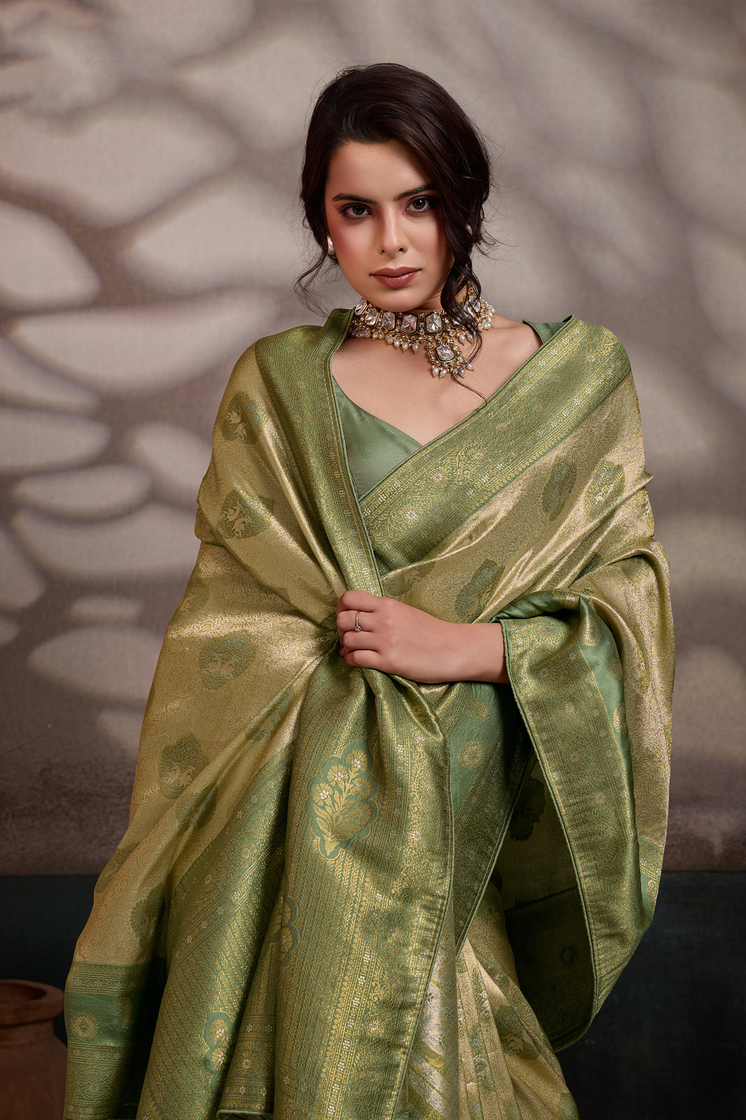 Monochromatic Sage Olive Green Art Silk Saree Gold Zari Lattice And Floral Meenakari Motifs