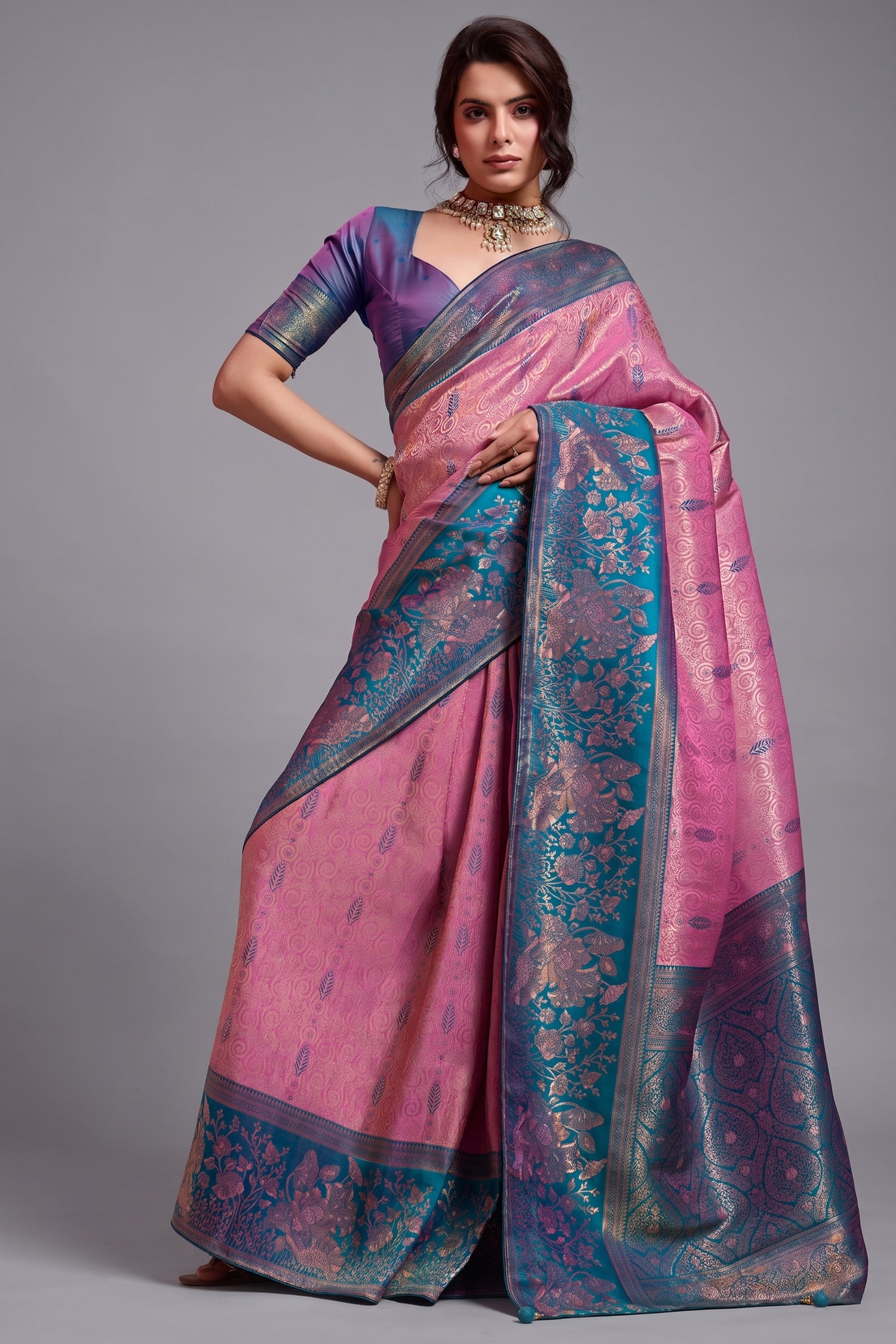Iridescent Orchid Pink Art Silk Saree with Blue Peacock Pallu And Broad Zari Borders Main image