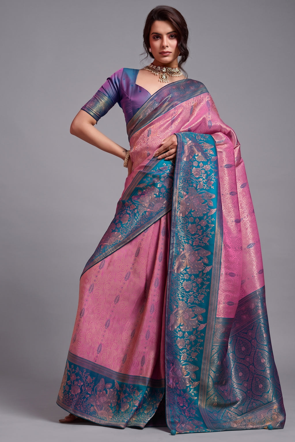 Iridescent Orchid Pink Art Silk Saree with Blue Peacock Pallu And Broad Zari Borders