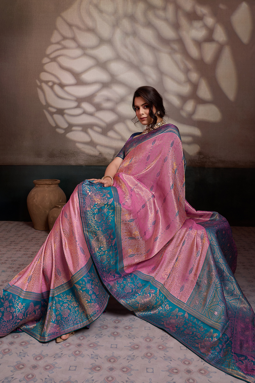 Iridescent Orchid Pink Art Silk Saree with Blue Peacock Pallu And Broad Zari Borders