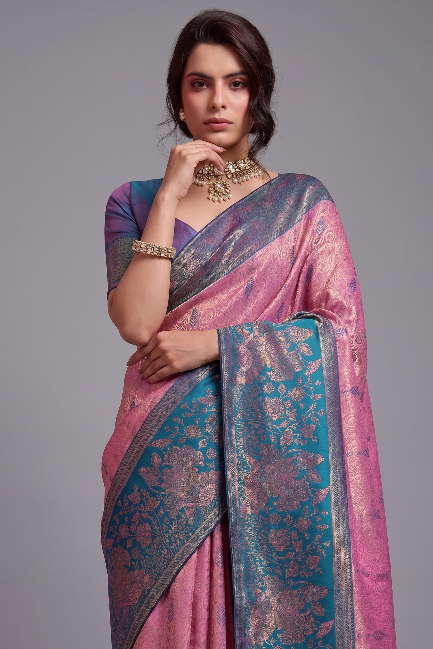 Iridescent Orchid Pink Art Silk Saree with Blue Peacock Pallu And Broad Zari Borders