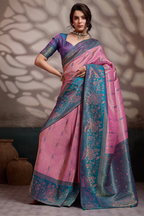 Iridescent Orchid Pink Art Silk Saree with Blue Peacock Pallu And Broad Zari Borders