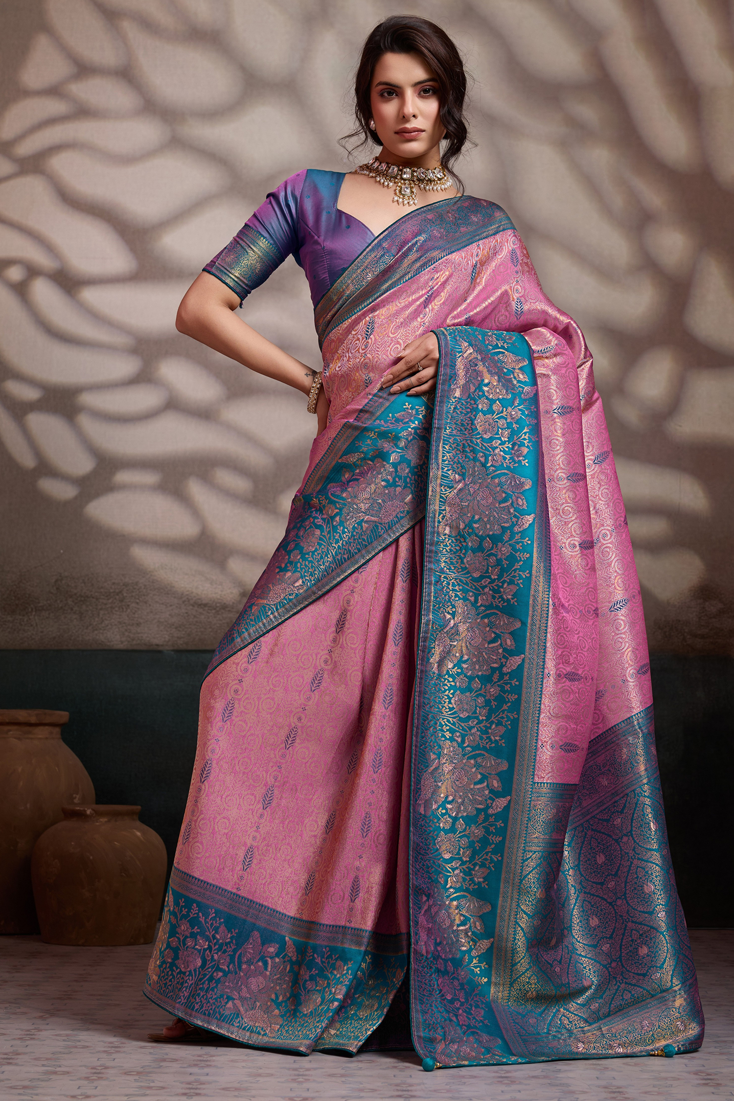 Iridescent Orchid Pink Art Silk Saree with Blue Peacock Pallu And Broad Zari Borders