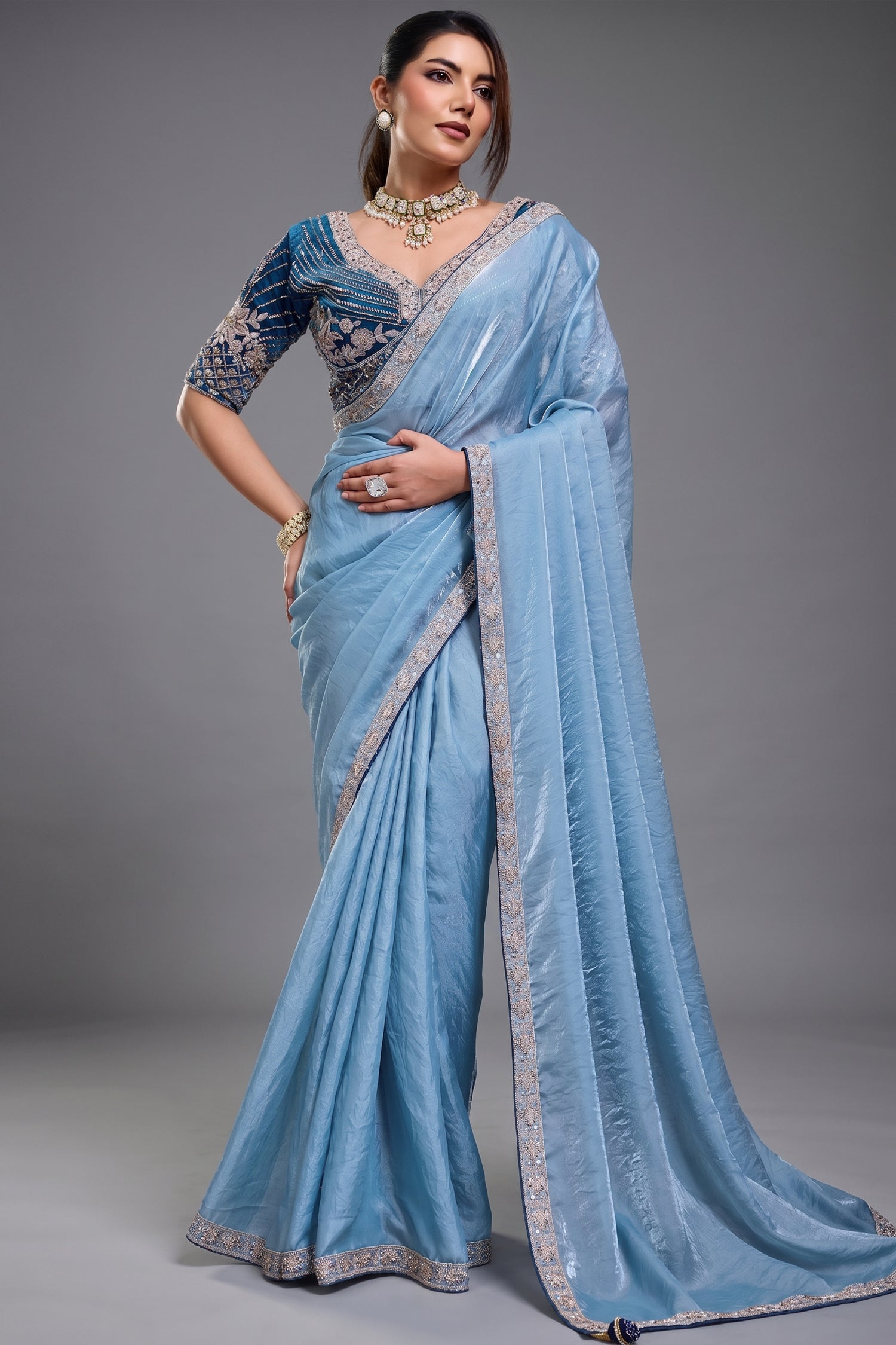 Azure Contrast Sky Blue Organza Satin Saree with Lace Border Main image