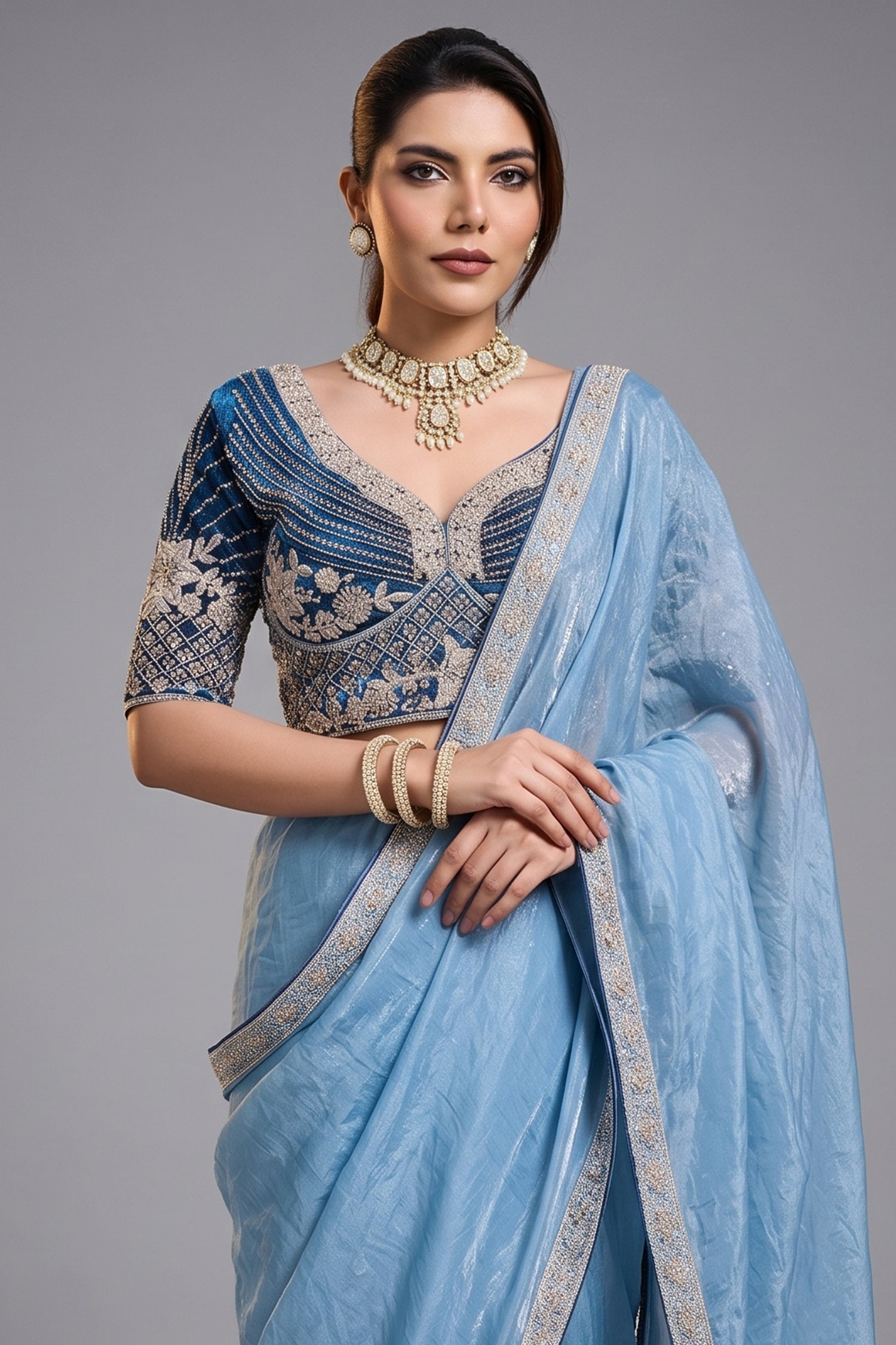 Azure Contrast Sky Blue Organza Satin Saree with Lace Border Secondary image