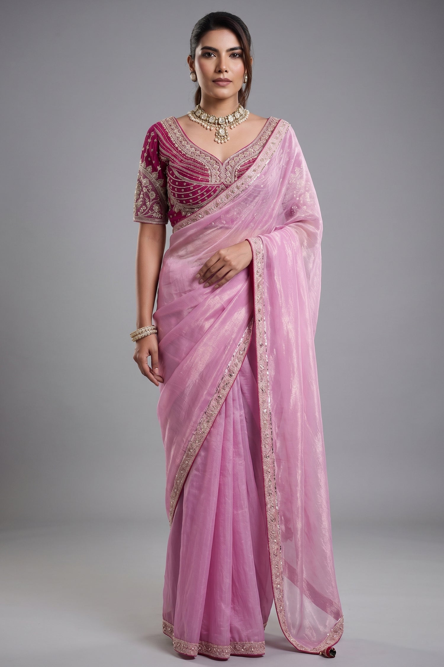 Blush Bloom Baby Pink Organza Satin Saree with Lace Border Main image