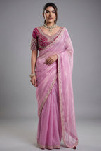Blush Bloom Baby Pink Organza Satin Saree with Lace Border