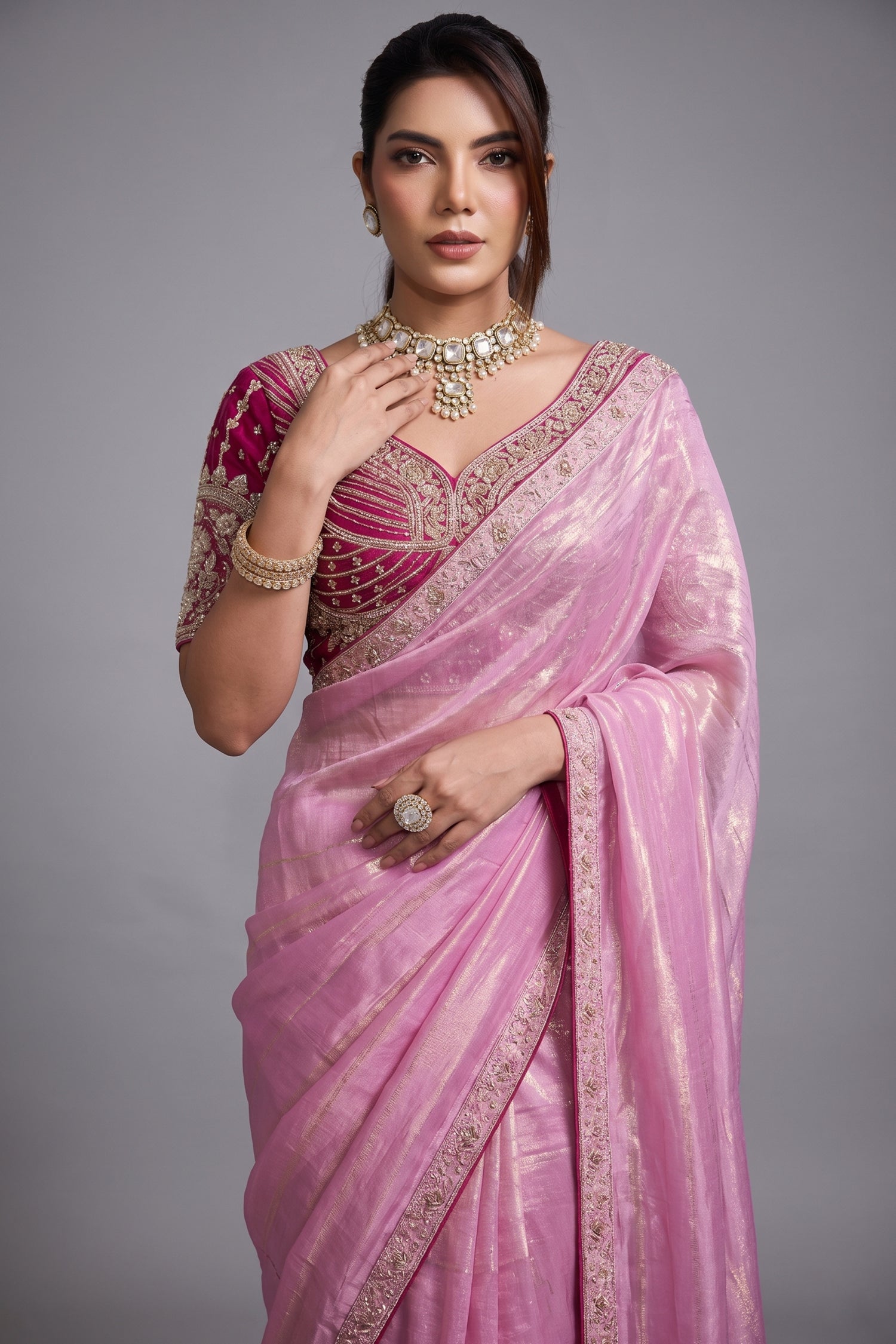Blush Bloom Baby Pink Organza Satin Saree with Lace Border Secondary image