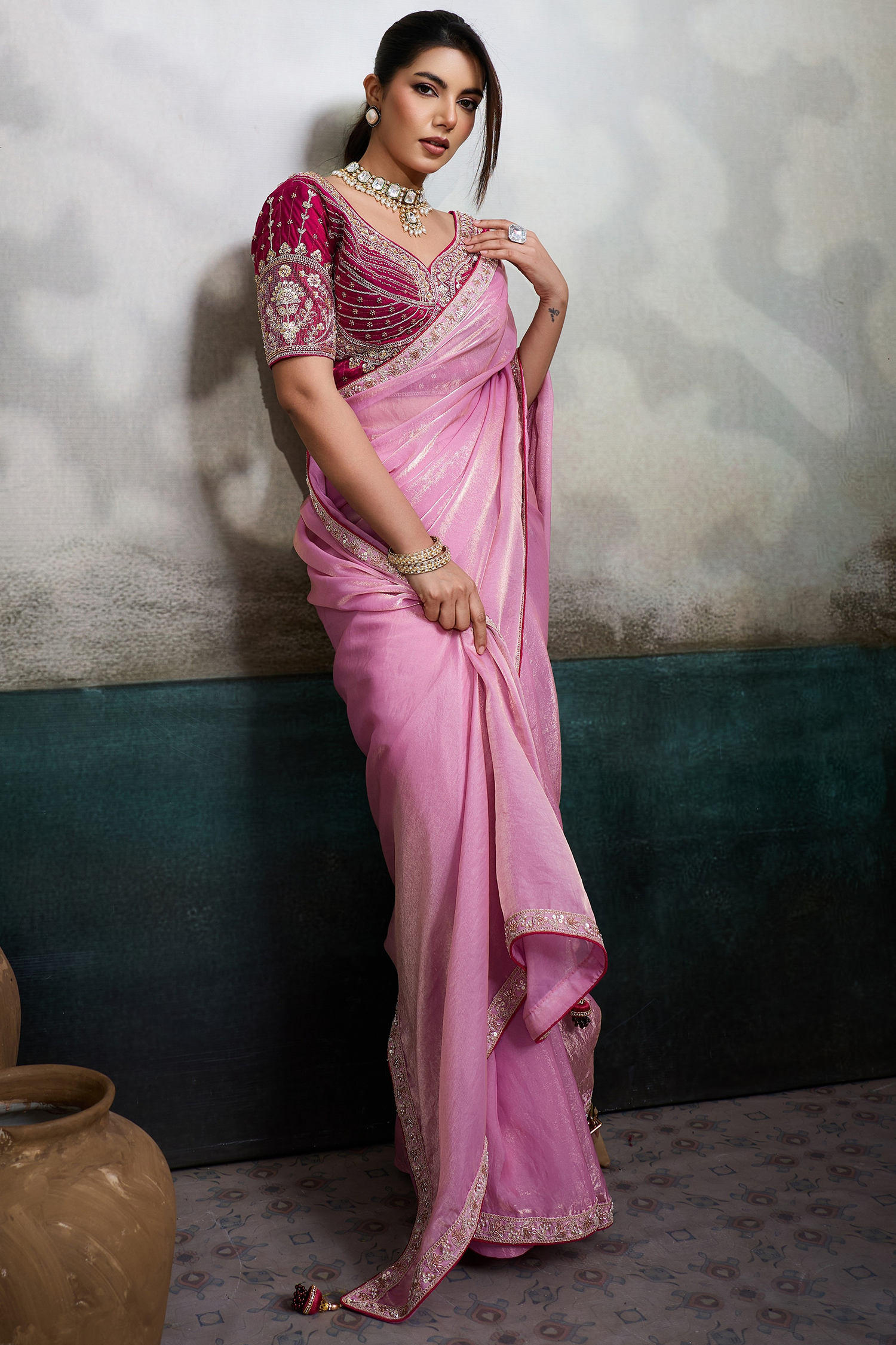 Blush Bloom Baby Pink Organza Satin Saree with Lace Border