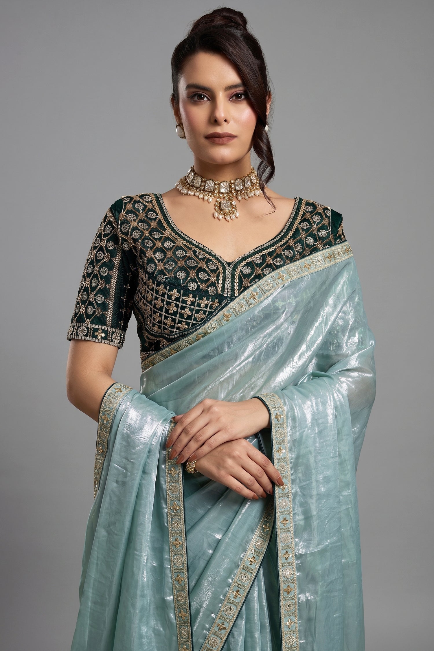 Evergreen Mist Seafoam Green Organza Satin Saree with Lace Border Secondary image