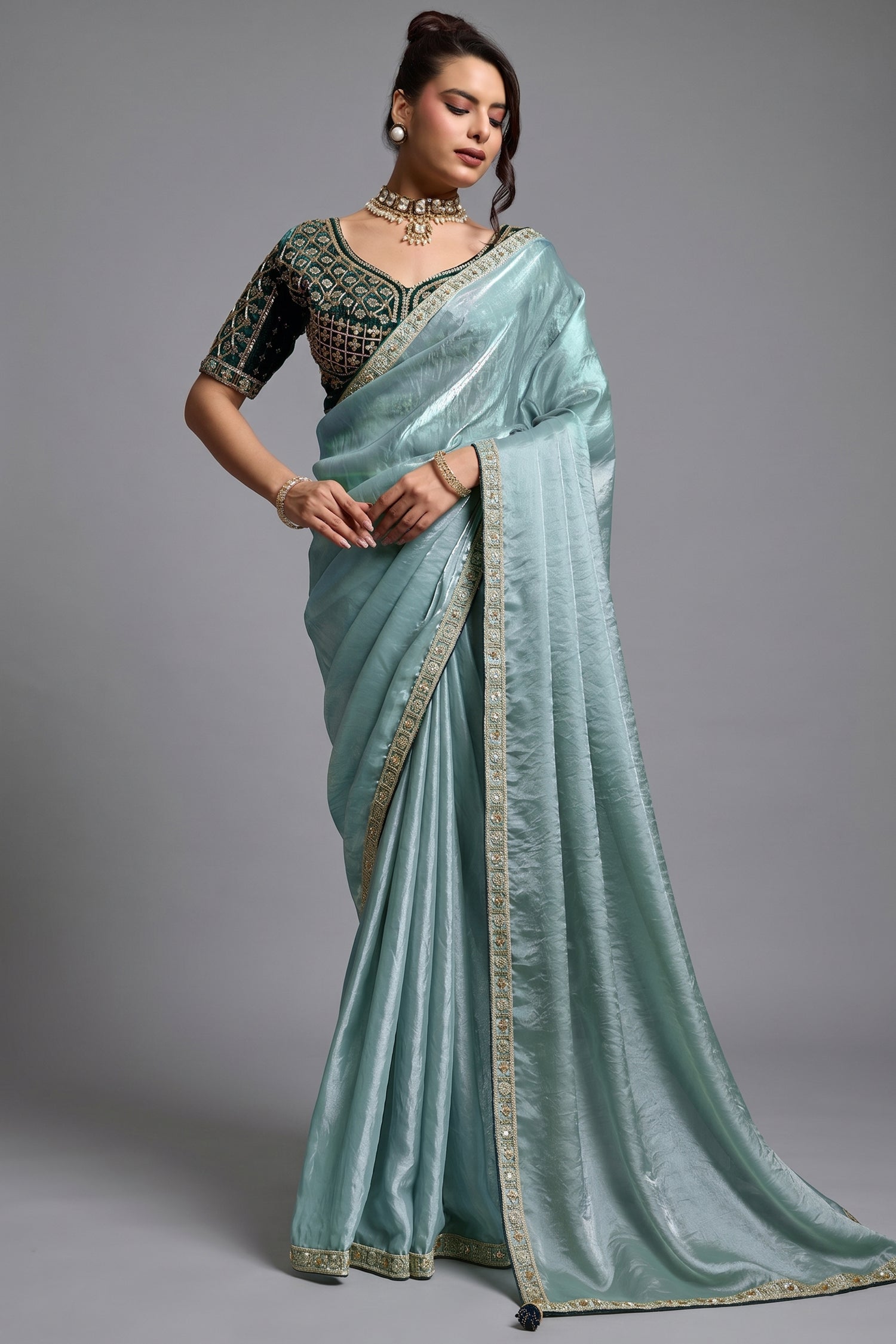 Evergreen Mist Seafoam Green Organza Satin Saree with Lace Border Main image