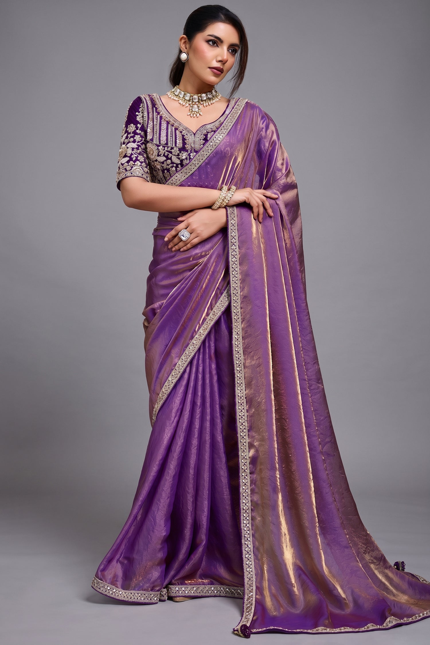 Orchid Dusk Dual-Tone Purple Organza Satin Saree with Lace Border Main image