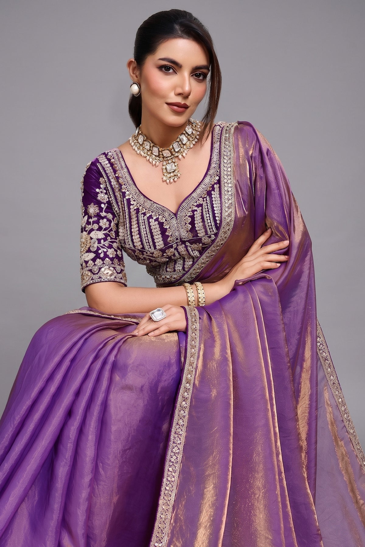 Orchid Dusk Dual-Tone Purple Organza Satin Saree with Lace Border
