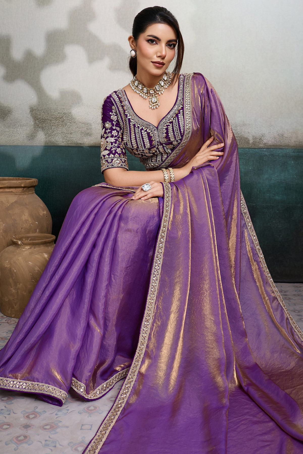 Orchid Dusk Dual-Tone Purple Organza Satin Saree with Lace Border
