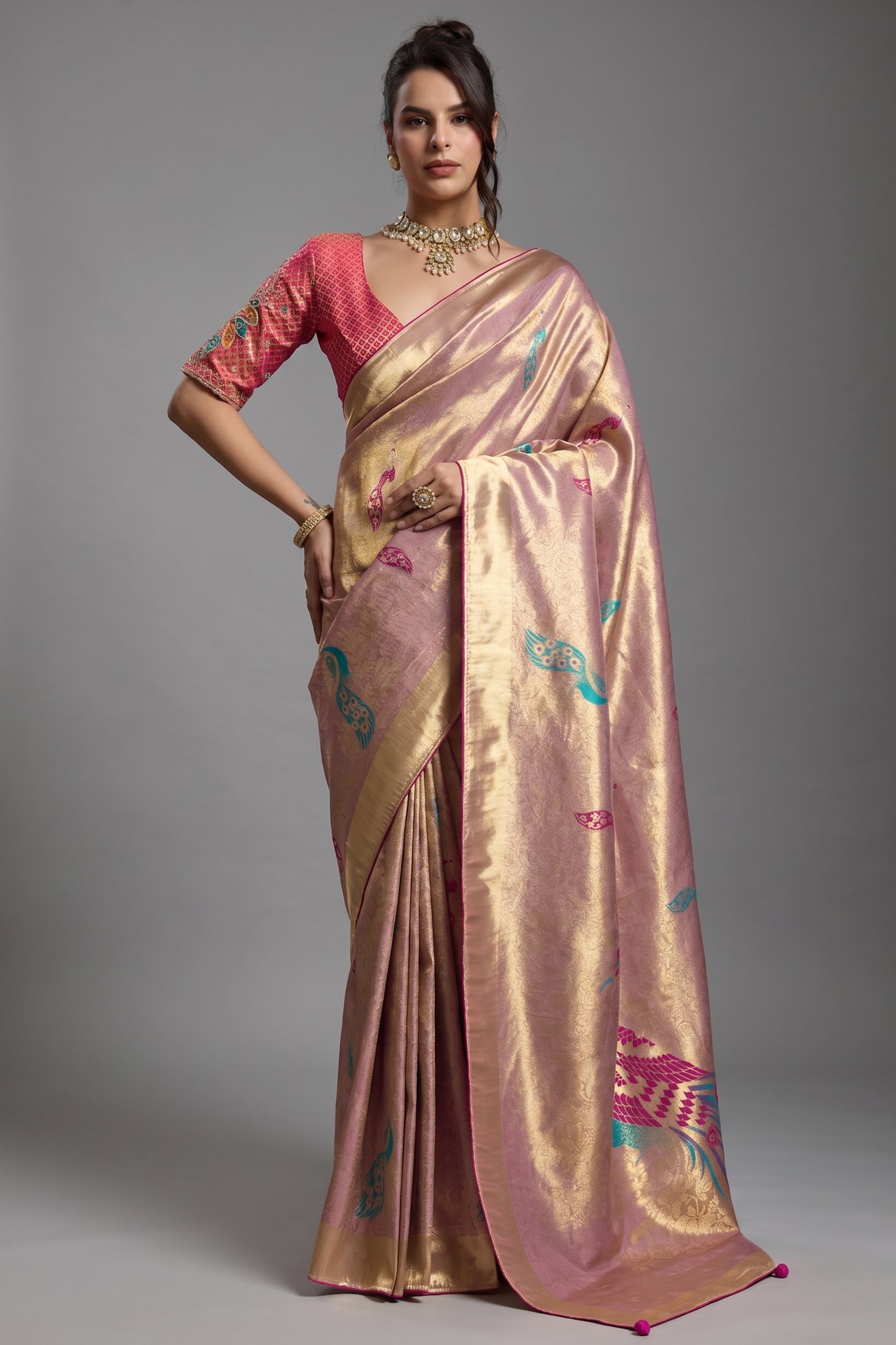 Desert Mauve Jacquard Art Silk Saree with Peacock Meenakari Motifs Border & Pallu