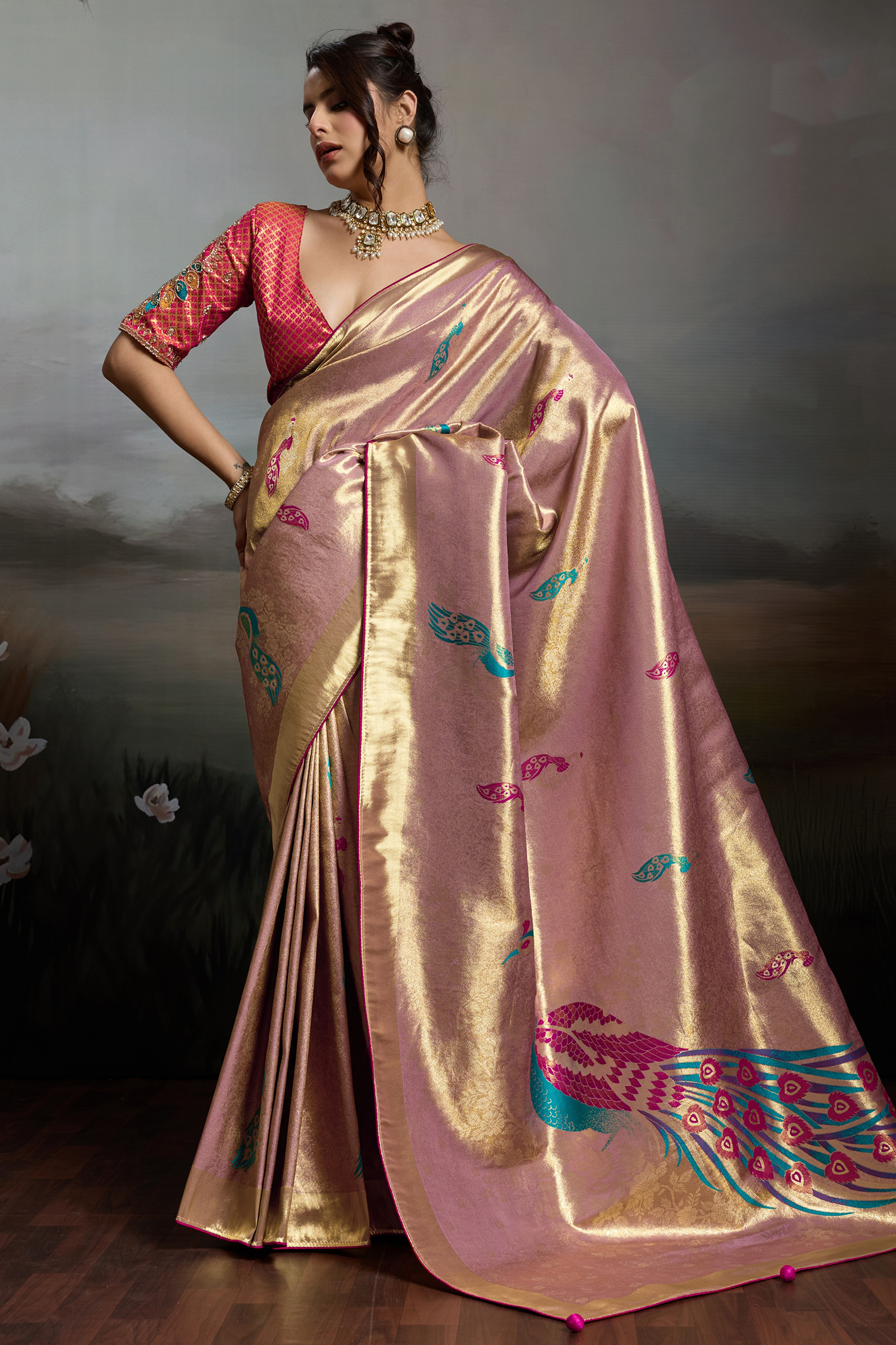 Desert Mauve Jacquard Art Silk Saree with Peacock Meenakari Motifs Border & Pallu