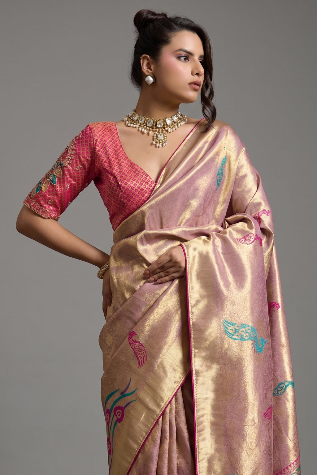 Desert Mauve Jacquard Art Silk Saree with Peacock Meenakari Motifs Border & Pallu