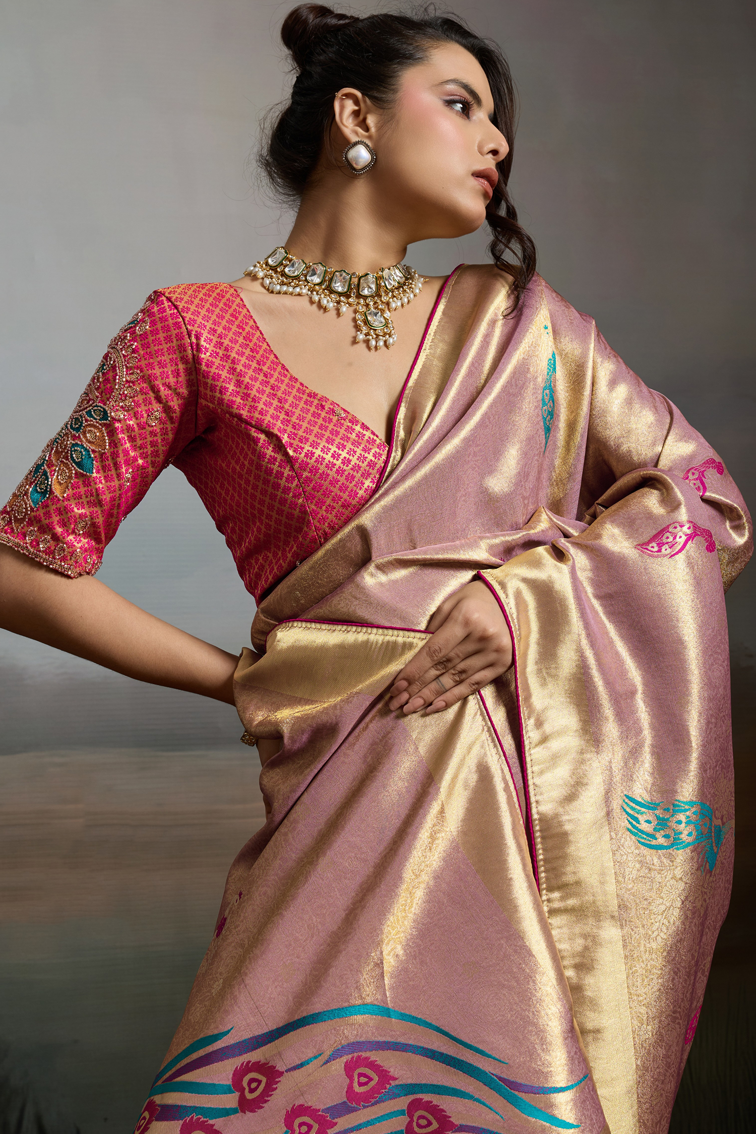 Desert Mauve Jacquard Art Silk Saree with Peacock Meenakari Motifs Border & Pallu