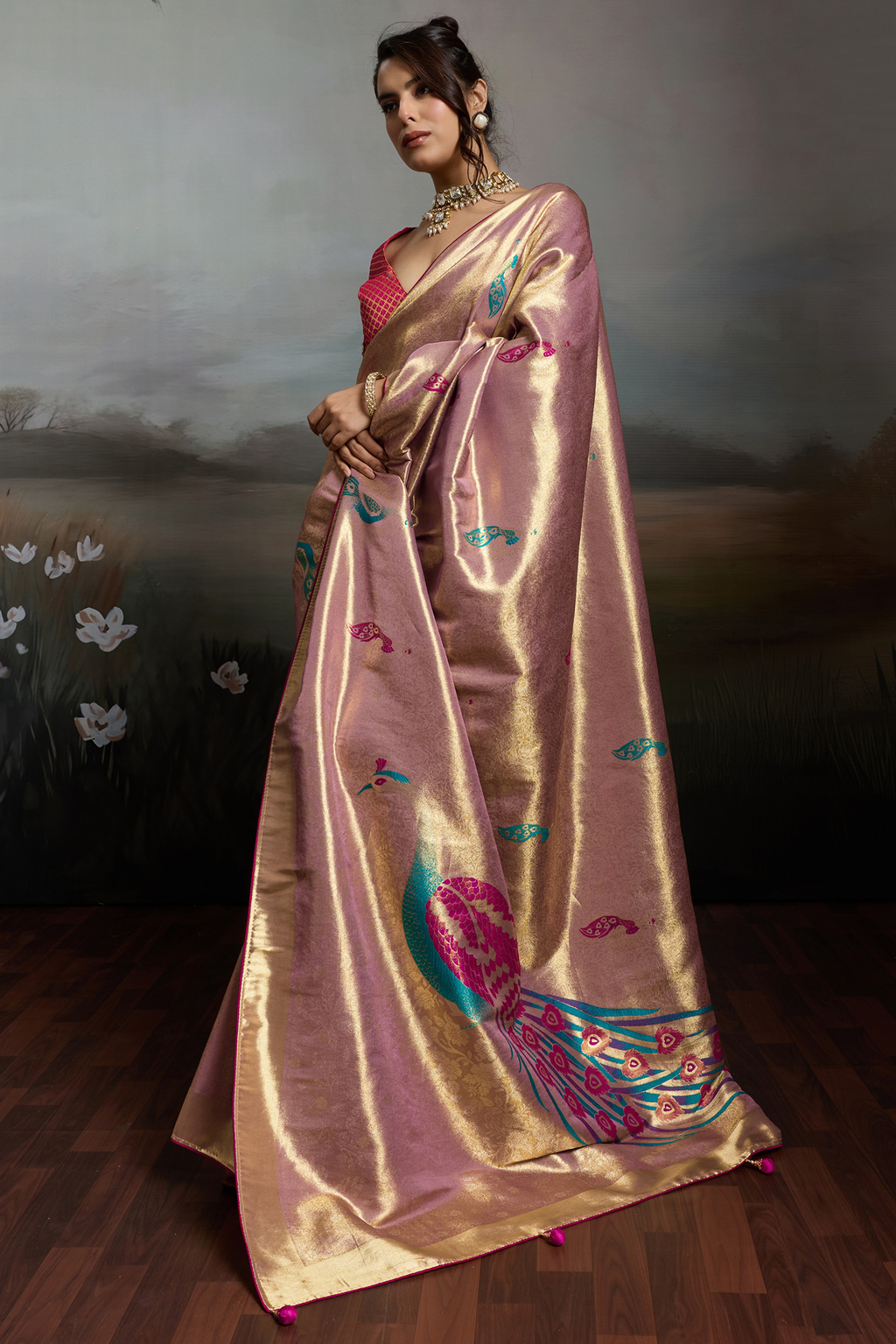 Desert Mauve Jacquard Art Silk Saree with Peacock Meenakari Motifs Border & Pallu