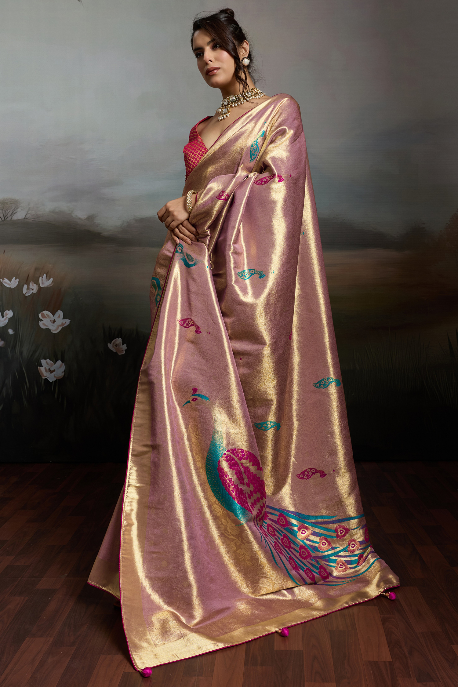 Desert Mauve Jacquard Art Silk Saree with Peacock Meenakari Motifs Border & Pallu