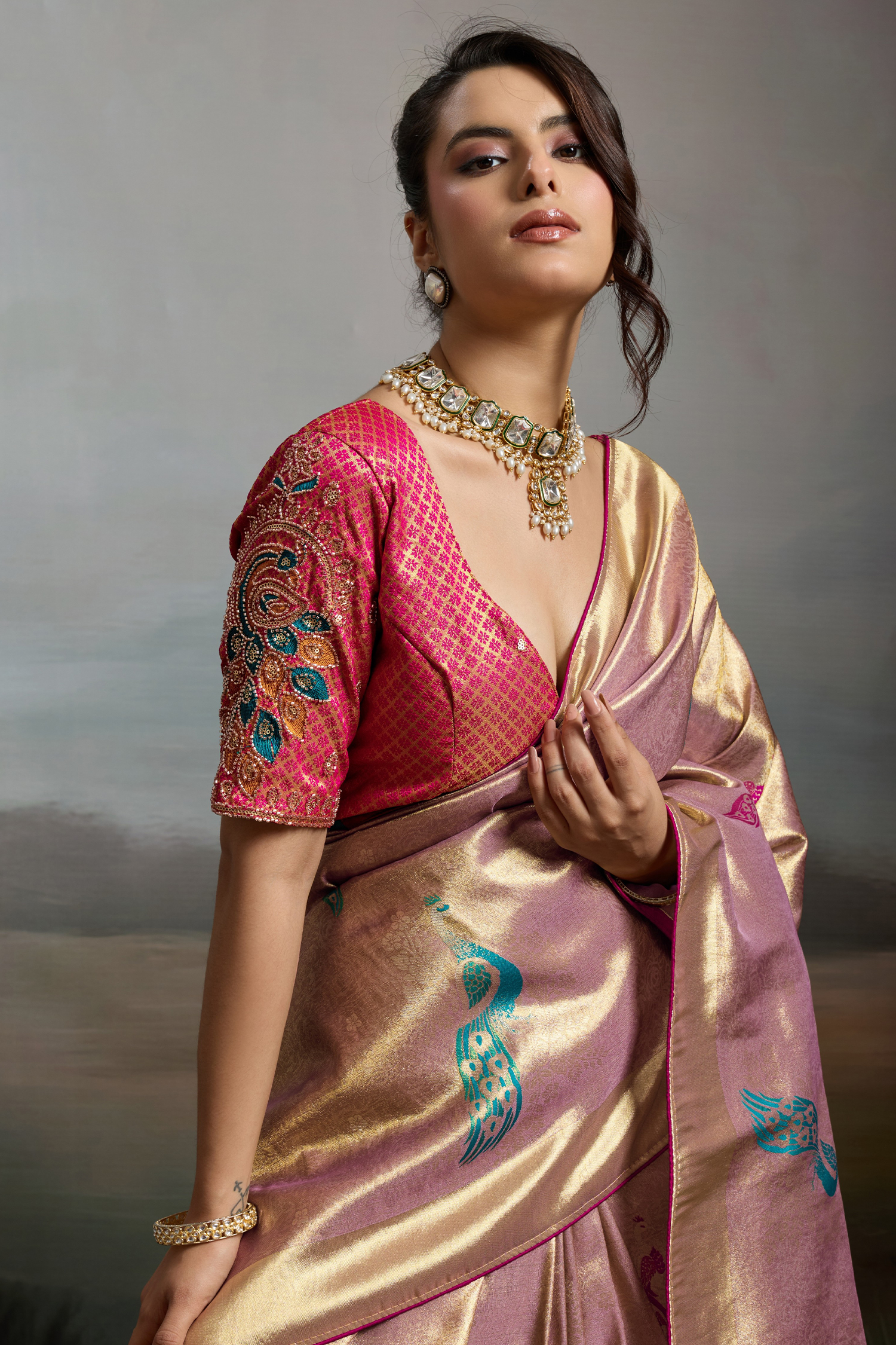 Desert Mauve Jacquard Art Silk Saree with Peacock Meenakari Motifs Border & Pallu