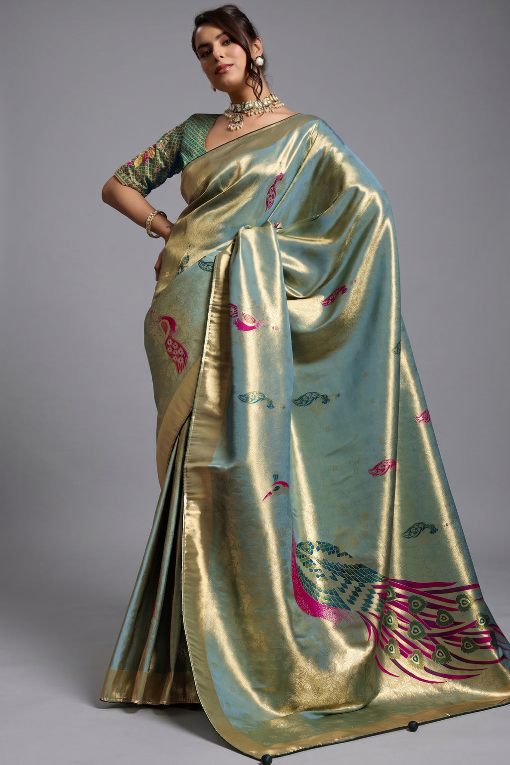 Sea Green Jacquard Art Silk Saree with Peacock Meenakari Motifs Border & Pallu