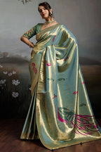 Sea Green Jacquard Art Silk Saree with Peacock Meenakari Motifs Border & Pallu
