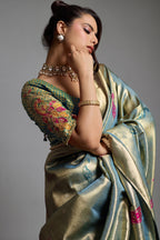 Sea Green Jacquard Art Silk Saree with Peacock Meenakari Motifs Border & Pallu