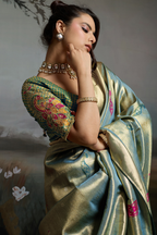Sea Green Jacquard Art Silk Saree with Peacock Meenakari Motifs Border & Pallu