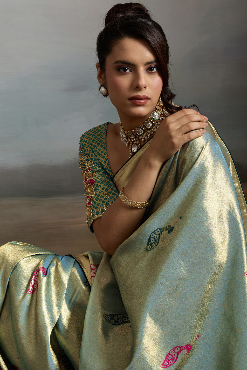 Sea Green Jacquard Art Silk Saree with Peacock Meenakari Motifs Border & Pallu