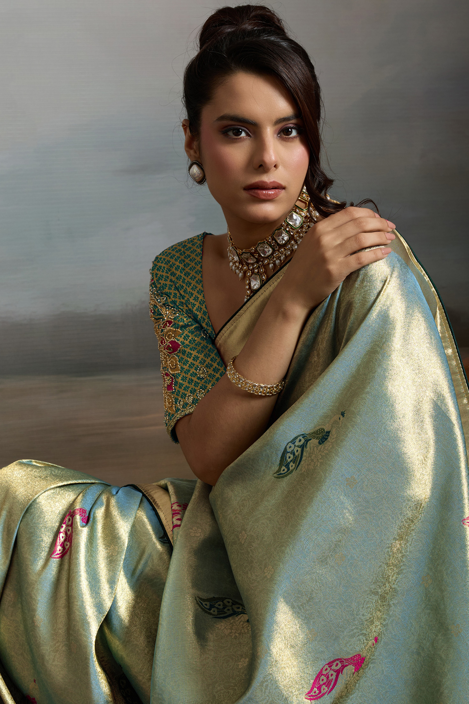Sea Green Jacquard Art Silk Saree with Peacock Meenakari Motifs Border & Pallu