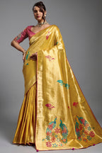 Imperial Yellow Gold Jacquard Art Silk Saree with Peacock Meenakari Motifs Border & Pallu