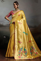 Imperial Yellow Gold Jacquard Art Silk Saree with Peacock Meenakari Motifs Border & Pallu