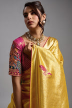 Imperial Yellow Gold Jacquard Art Silk Saree with Peacock Meenakari Motifs Border & Pallu