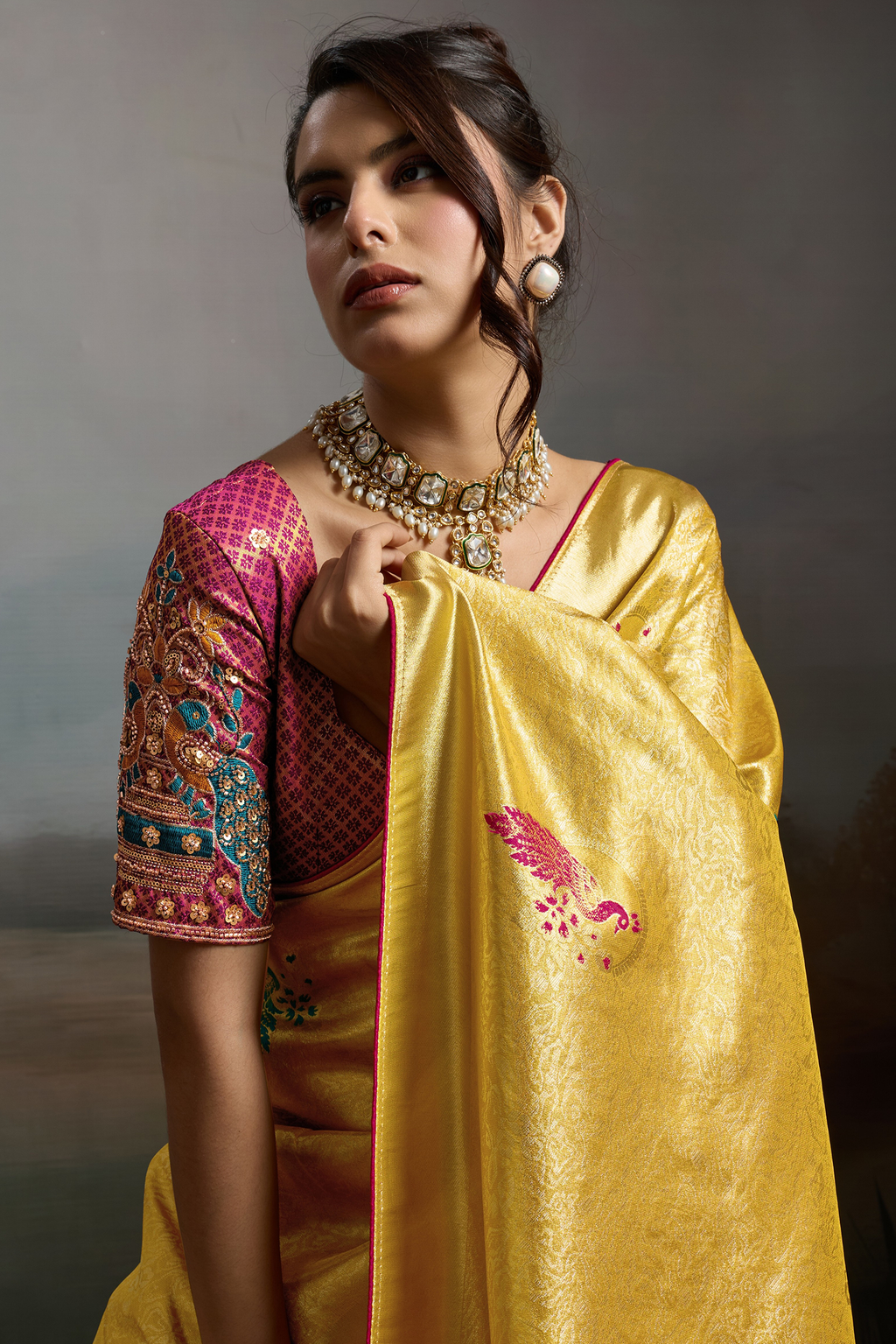 Imperial Yellow Gold Jacquard Art Silk Saree with Peacock Meenakari Motifs Border & Pallu